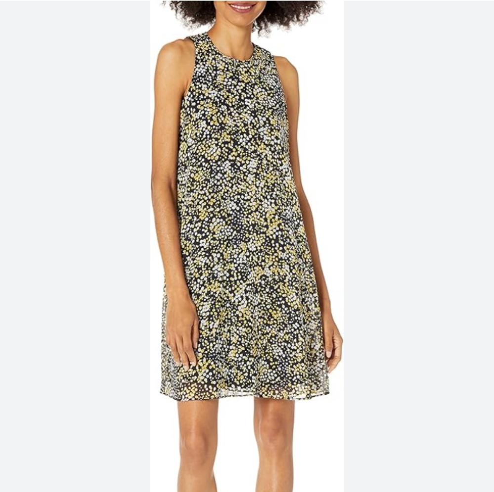 Tommy Hilfiger Chiffon Trapeze Sleeveless Dress Size 4 Navy/Yellow